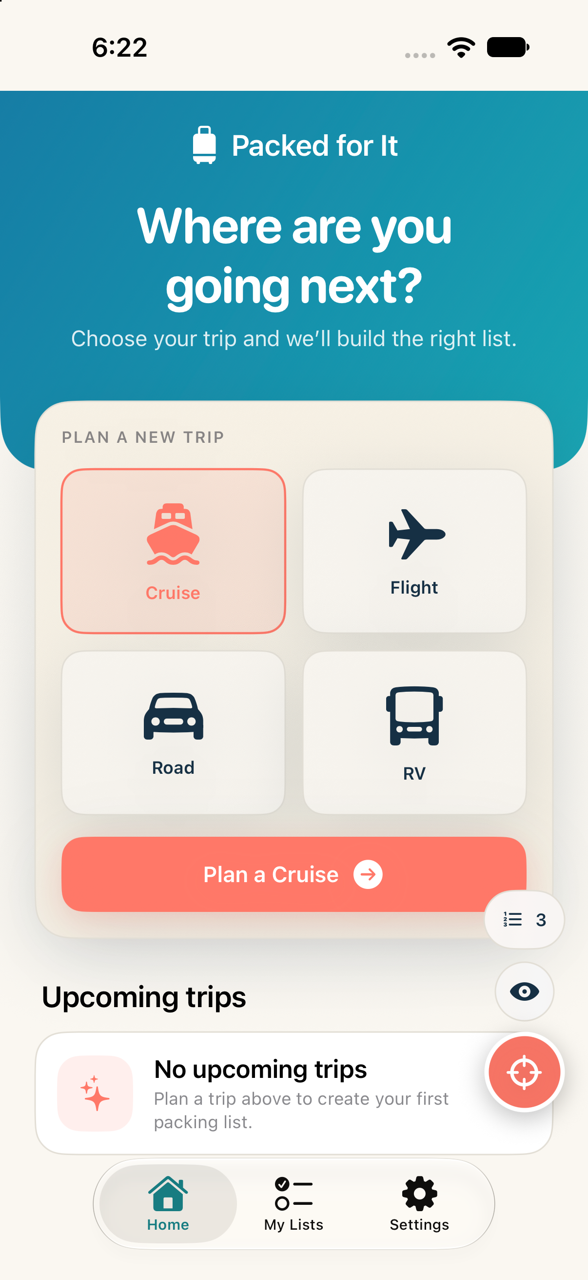Packed for It Home screen showing Cruise, Flight, Road, and RV trip choices