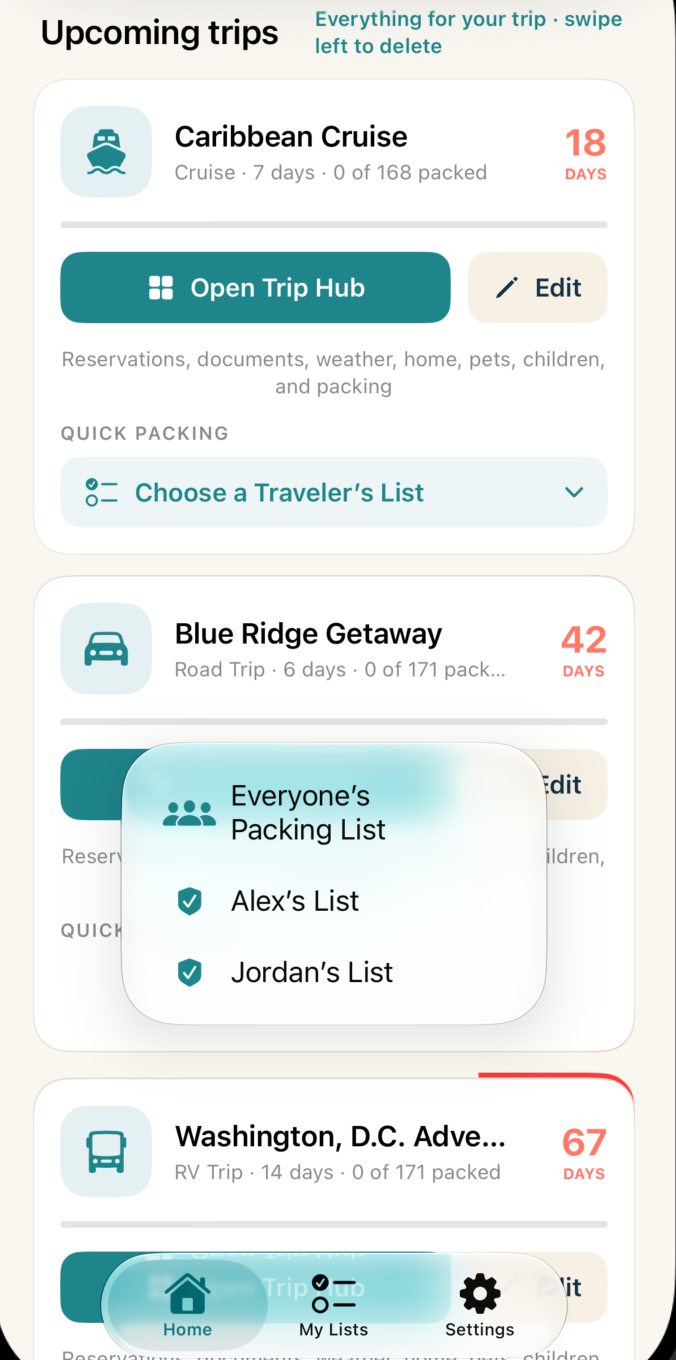 The real Packed for It Home screen showing three upcoming trips, countdowns, Open Trip Hub, and quick packing lists for Alex and Jordan.