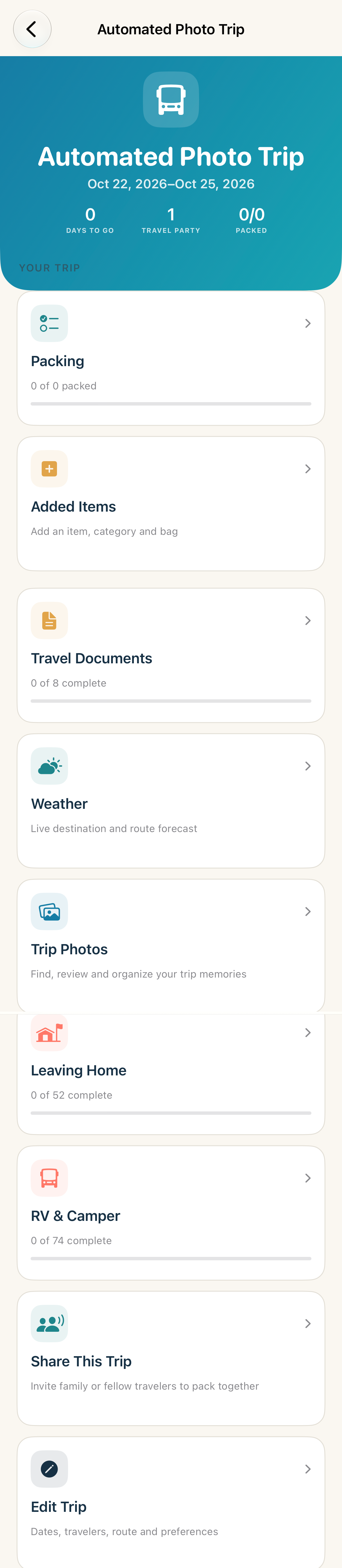 The real Packed for It Trip Hub showing the trip summary, packing, added items, documents, weather, photos, leaving-home checklist, RV and camper checklist, trip sharing, and editing.